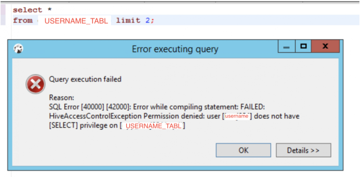 Dbeaver error message, showing Ranger access denied error message.